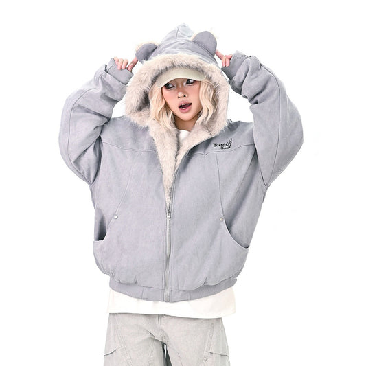 【アウター】もこもこ耳付きフードコート レディース ゆったりBF風 アメカジ 学院風 綿入れコート 【FCシリーズ】