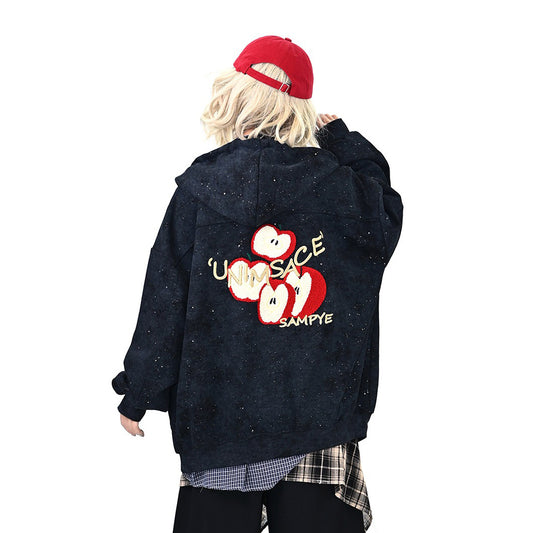 【アウター】アップル刺繍 フード付き スウェット カーディガン ゆったり BF風 韓国ストリート【FCシリーズ】