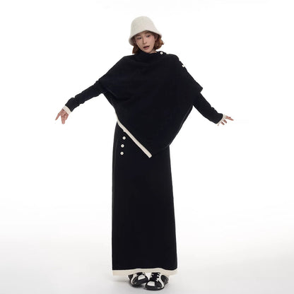 【単品注文】【セットアップ】不規則 配色切替 長袖ニット＋スカート 上下セット レディース 秋冬 韓国風 ゆったり ルーズ カジュアル【JZシリーズ】