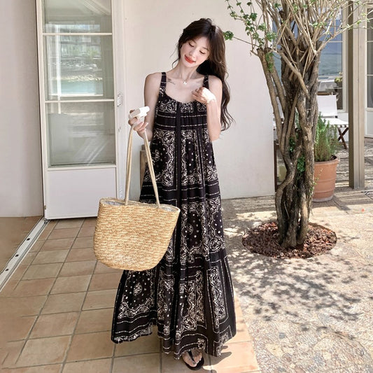 【ワンピース】フレンチヴィンテージ ボヘミアン ノースリーブワンピース 夏 高見え キャミソールロングドレス【SHシリーズ】