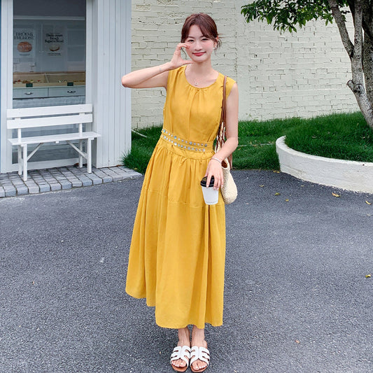 【ワンピース】ノースリーブ ワンピース レディース 夏 フレンチ風 ウエストマーク ロングワンピース 細見え 上品 フェミニン【JZシリーズ】