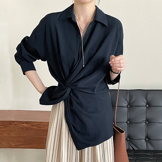 【トップス】韓国系×フレンチスタイル ウエスト結び デザインシャツ アシメ長袖【JZシリーズ】