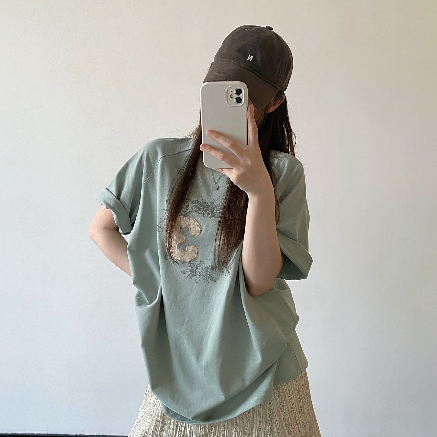 【トップス】レトロパッチ Tシャツ レディース 夏 ライトグリーン 半袖 ルーズフィット クール感 トップス 大人カジュアル 人気【FCシリーズ】