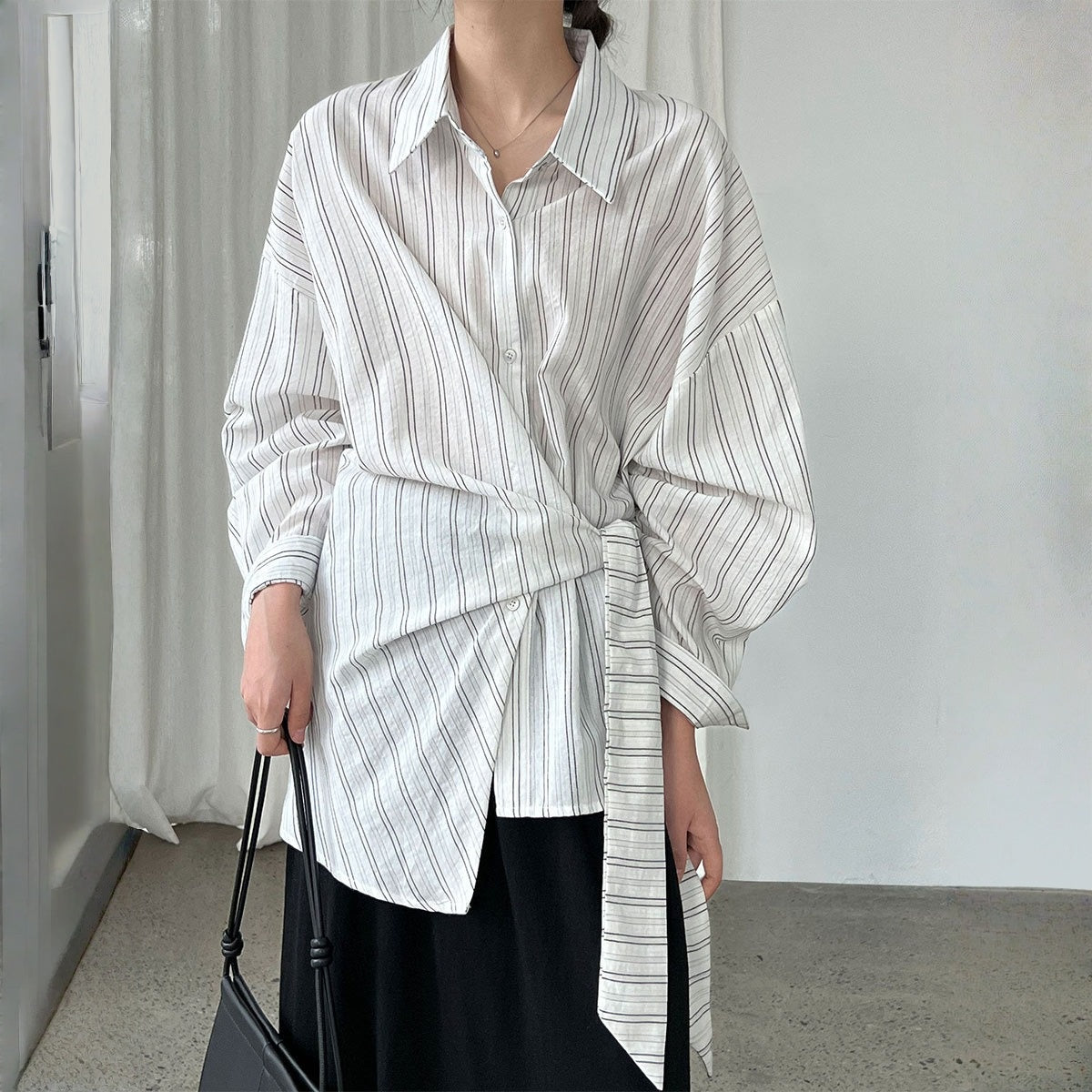 【トップス】春 秋 冬 ストライプ ウエストリボン シャツ 【JZシリーズ】