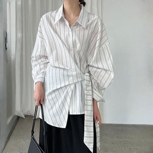 【トップス】春 秋 冬 ストライプ ウエストリボン シャツ 【JZシリーズ】