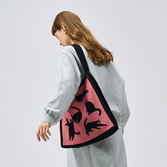 【バッグ】猫柄刺繍ニットトートバッグ 大容量・ワンショルダー/斜めがけOK レディース ショルダーバッグ