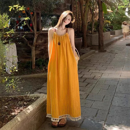 【ワンピース】ビーチリゾート風 エレガントなリラックス感 フリンジ付き ノースリーブワンピース