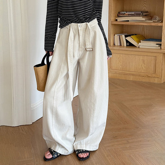 【ボトムス】ベルト付き ハイウエスト 美脚パンツ レディース 春新作 脚長デニム ゆったり カジュアル ジーンズ【JZシリーズ】