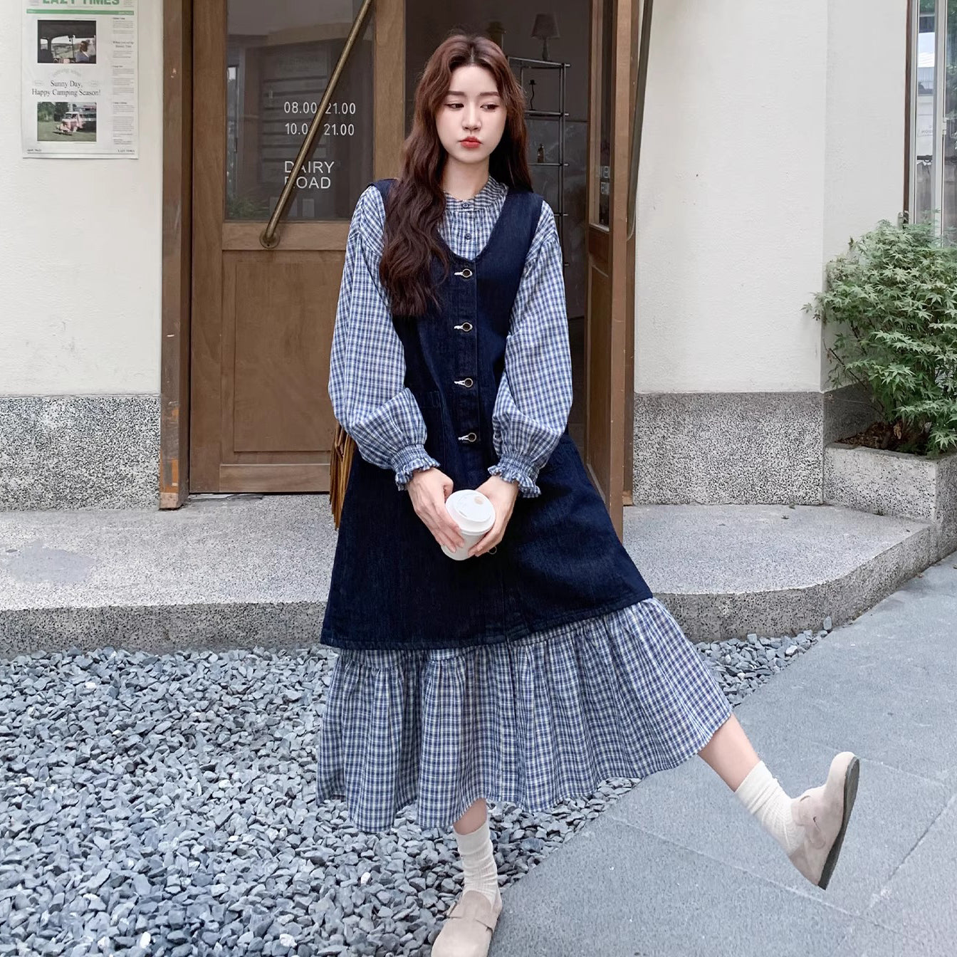 2点セット【セットアップ】韓国風 レトロ 学院スタイル デニム ジレワンピースセット レディース 2025年秋新作 チェック柄【SHシリーズ】
