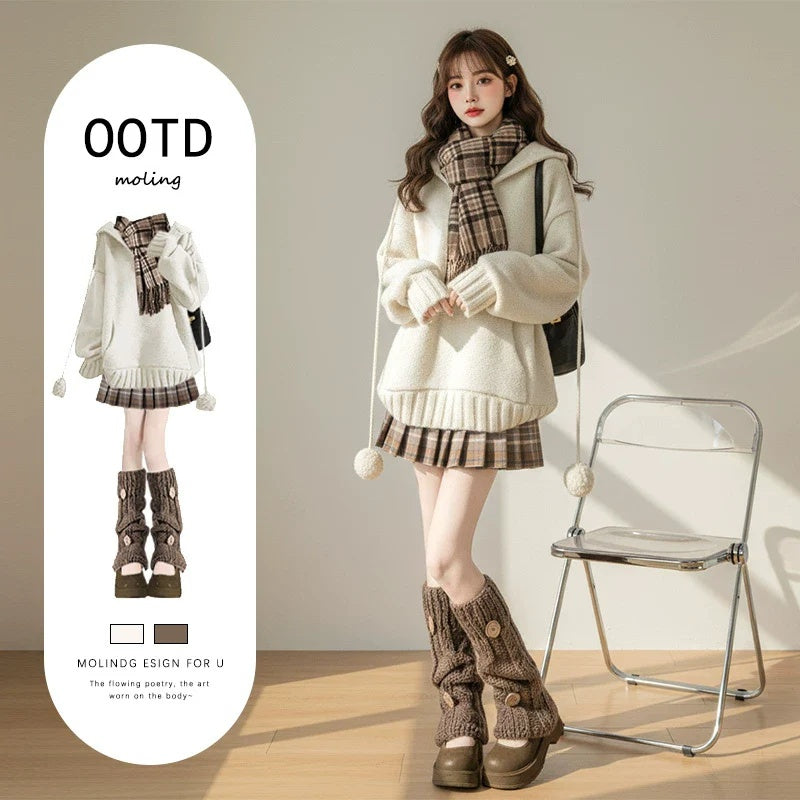 【セットアップ】無地 ホワイト セーター + プリーツ ショート スカート 2点上下セット 【JZシリーズ】