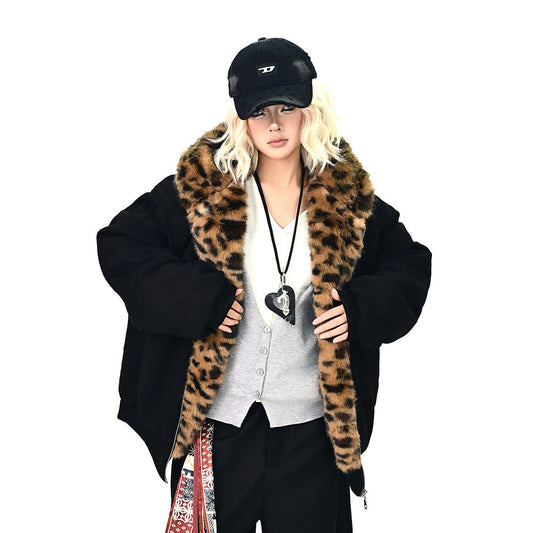 【アウター】レオパード柄ファー襟 猫耳フード中綿ジャケット 冬新作 ゆったりBF風 綿入れコート【FCシリーズ】