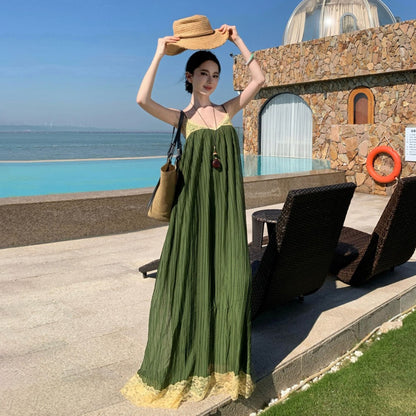 【ワンピース】海島リゾート風 シフォンキャミワンピース ふんわり大フレア ロング丈 海辺&旅行コーデ ノースリーブドレス【SHシリーズ】
