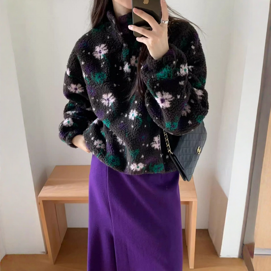 【アウター】レトロ 花柄 ボア 春 秋 冬 立襟 ジャケット 【JZシリーズ】