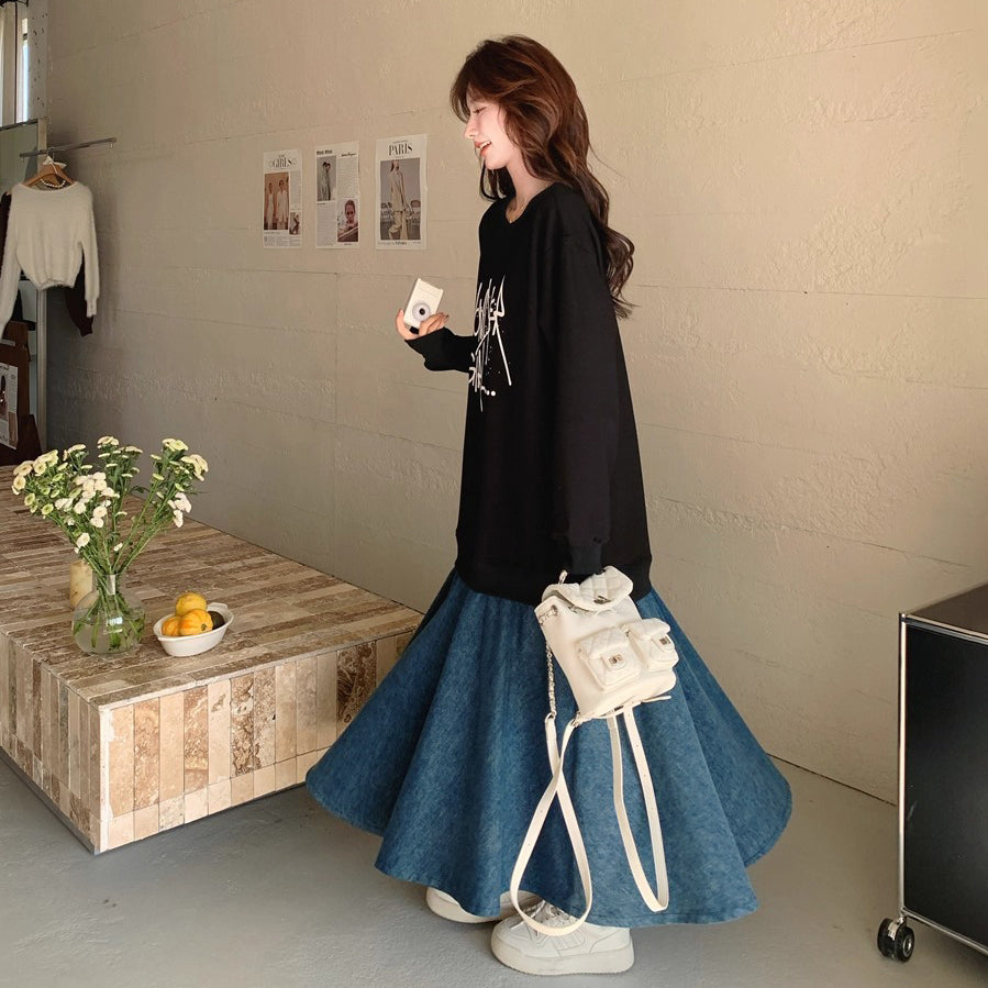 【ワンピース】レイヤード風 デニム切り替え 春秋 長袖ワンピース 爆売れ【JZシリーズ】