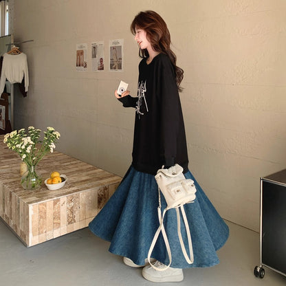 【ワンピース】レイヤード風 デニム切り替え 春秋 長袖ワンピース 爆売れ【JZシリーズ】