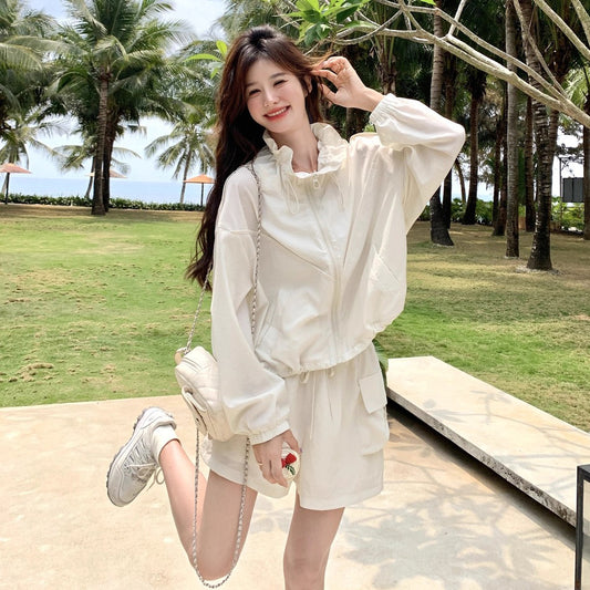 2点セット！【セットアップ】UV対策◎ 薄手ジャケット＋ショートパンツ上下セット 韓国風カジュアル 夏のデイリーコーデにぴったり【JZシリーズ】