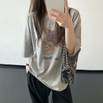 【トップス】ロゴプリント 半袖Tシャツ ドロップショルダー ゆったりシルエット シンプル カジュアル トップス 夏新作 【FCシリーズ】