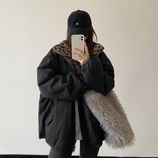 【アウター】リバーシブル レオパード柄 ボア 防寒 厚手 ワークジャケット レディース 秋冬 綿入れコート 【FCシリーズ】【15~20内発送】