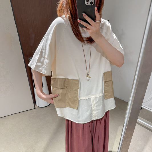 【トップス】立体ビッグポケット フェイクレイヤード 切替 半袖Tシャツ ゆったり オーバーサイズ【JZシリーズ】