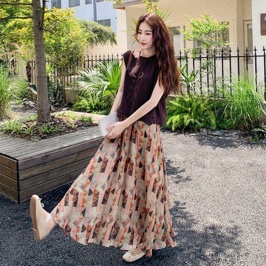 2点セット！【セットアップ】今年のトレンド ノースリーブトップス＋プリントスカート上下セット レディース 夏  2点セット 【SHシリーズ】