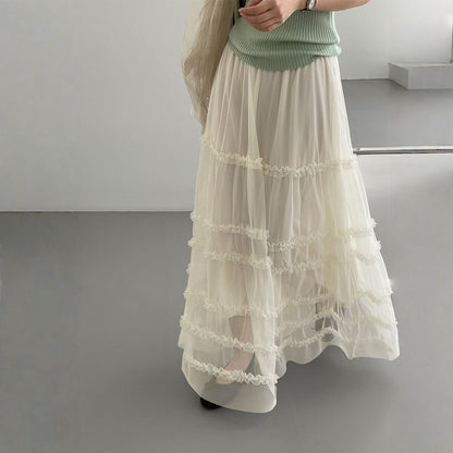 期間限定⭐️60%OFF【ボトムス】韓国風 フリル チュール切替 ロングスカート 【JZシリーズ】