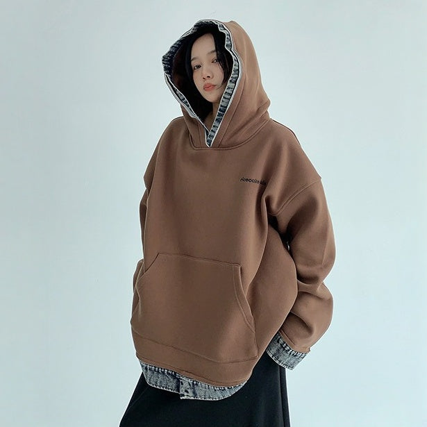 【トップス】春 秋 冬 切り替え デニム フード付き 裏起毛 パーカー 【FCシリーズ】