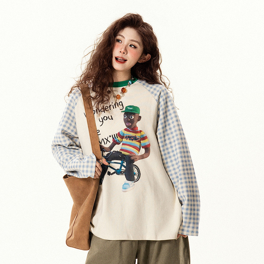 【トップス】レトロデザイン チェック切替 ラグラン長袖Tシャツ レディース ゆったり カジュアル【FCシリーズ】【15〜20日発送】