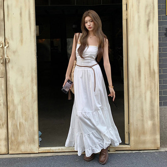 【ワンピース】コットン素材 キャミワンピース 白 夏新作 フレアロング丈 ノースリーブ スリム見え ティアードデザイン レディース【JZシリーズ】