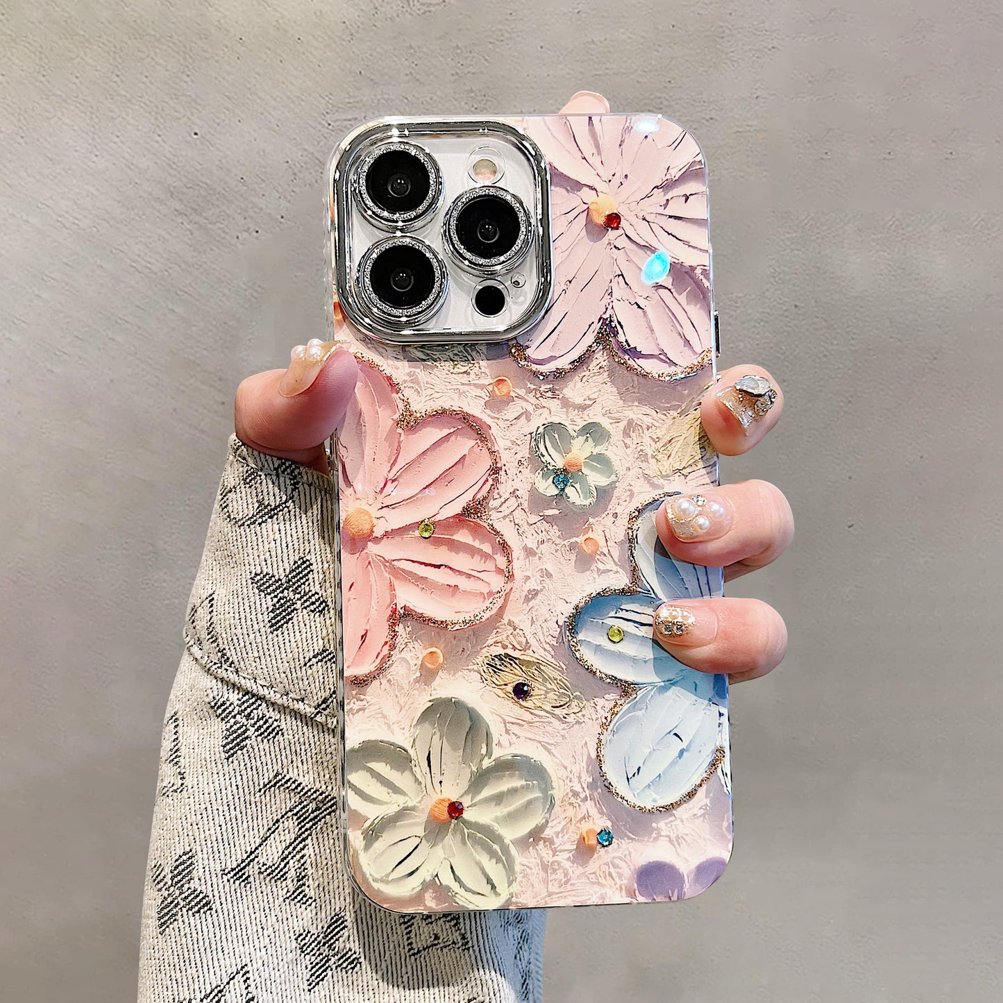 【グッズ】iPhone 16 Pro Max / 15 Pro / 13 / 13 PM  用 ブルーライトカット 油絵フラワー 韓国風 レディース 全面保護 レンズカバー付き 高級感 ストラップ付き 新作 スマホケース