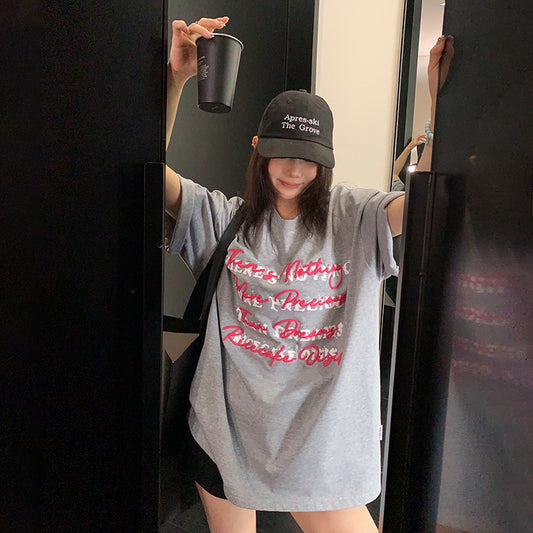 【トップス】ストリート系 ヴィンテージ加工 立体ロゴ刺繍Tシャツ 夏 レディース ルーズフィット 半袖【FCシリーズ】