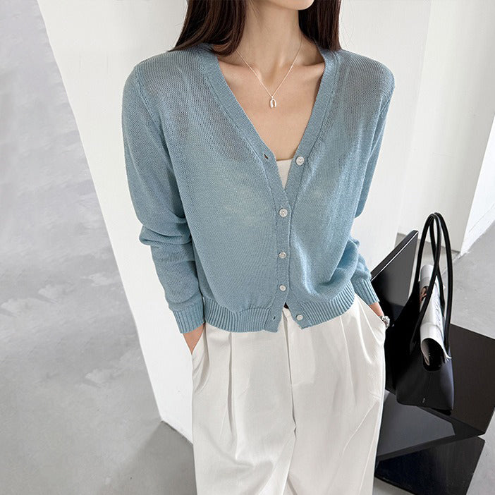【トップス】Vネック ニットカーディガン レディース 春新作 薄手 長袖 ショート丈 無地 ゆったり 冷房対策【JZシリーズ】