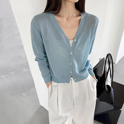 【トップス】Vネック ニットカーディガン レディース 春新作 薄手 長袖 ショート丈 無地 ゆったり 冷房対策【JZシリーズ】