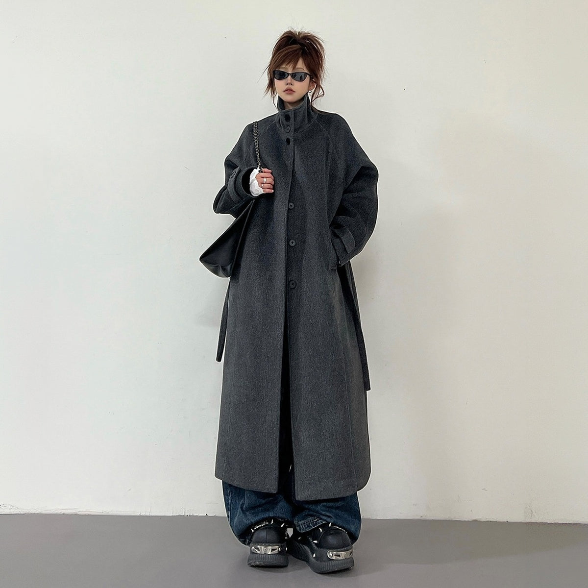 【アウター】秋冬 新作 韓国系 高級感 上品 スタンドネック ベルト付き コート【FCシリーズ】