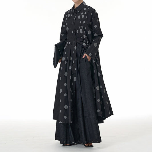 【ワンピース】春夏新作 韓国風 オリジナル ドット柄 シャツワンピース 大きいサイズ レディース ゆったり 長袖 体型カバー ワンピース【SHシリーズ】