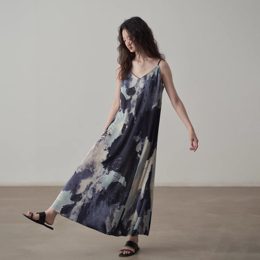 【ワンピース】フレンチヴィンテージ水墨画プリント・ゆったりカジュアル・ノースリーブワンピース【SHシリーズ】