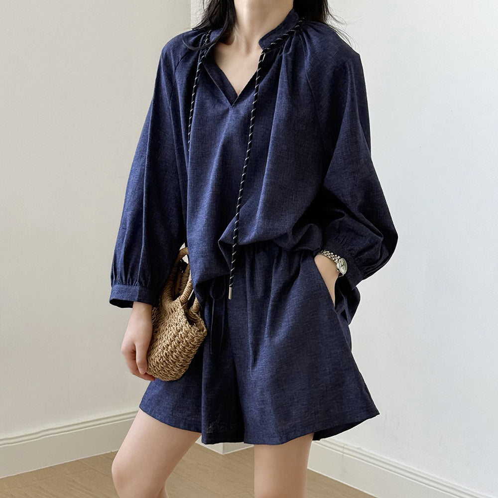 2点セット！【セットアップ】夏新作 フレンチヴィンテージ シャツ＋ワイドショートパンツ 2点上下セット【JZシリーズ】