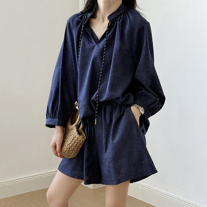 2点セット！【セットアップ】夏新作 フレンチヴィンテージ シャツ＋ワイドショートパンツ 2点上下セット【JZシリーズ】