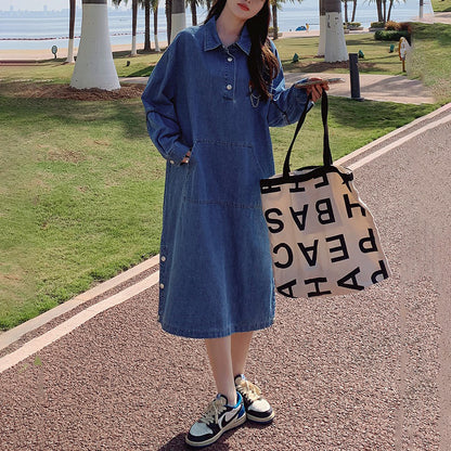 【24AW】【ワンピース】ゆったり 着痩せ ポロカラー デニム 長袖ワンピース