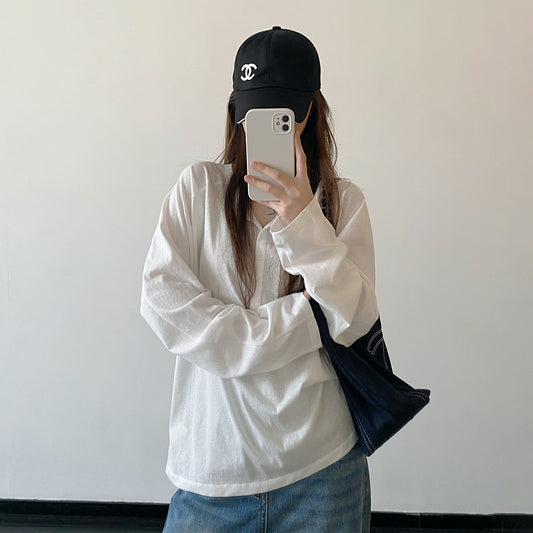 【トップス】ヘンリーネック 長袖Tシャツ レディース 新作 トレンド カジュアル 万能コーデ リラックス感【FCシリーズ】