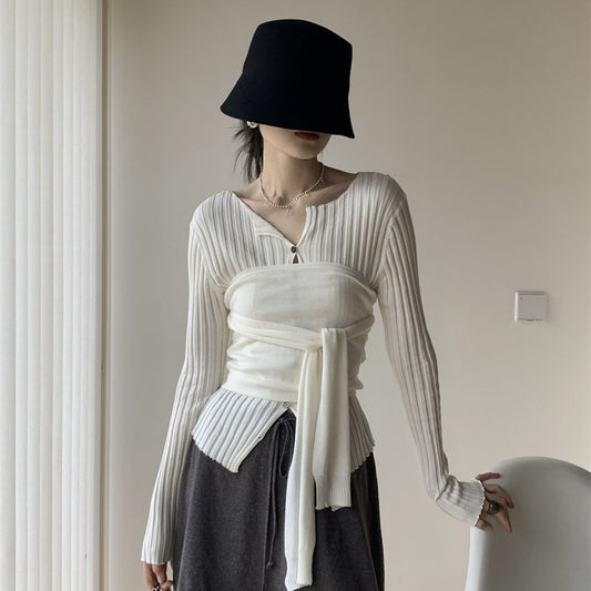【トップス】 シンプル ストライプ スリムフィット 軽薄 ニットトップス + リボン付きベアトップ 重ね着風 2点セット【JZシリーズ】