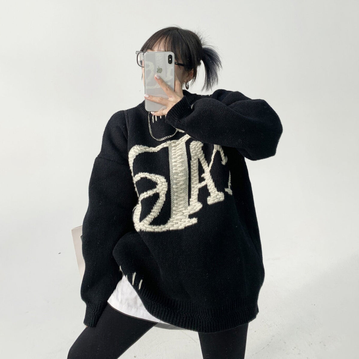 【トップス】レディース 刺繍入りクルーネックニット 厚手 オーバーサイズ 秋冬カジュアル【FCシリーズ】