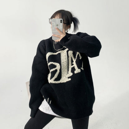 【トップス】レディース 刺繍入りクルーネックニット 厚手 オーバーサイズ 秋冬カジュアル【FCシリーズ】