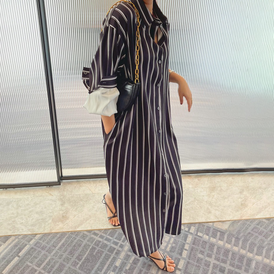 【ワンピース】韓国風 ストライプシャツワンピース レディース 長袖 春夏秋 ゆったりカジュアル ルーズシルエット ミモレ丈【SHシリーズ】