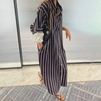 【ワンピース】韓国風 ストライプシャツワンピース レディース 長袖 春夏秋 ゆったりカジュアル ルーズシルエット ミモレ丈【SHシリーズ】