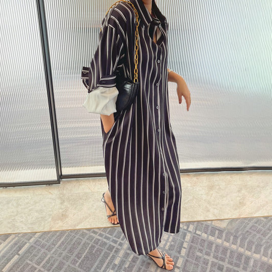 【ワンピース】韓国風 ストライプシャツワンピース レディース 長袖 春夏秋 ゆったりカジュアル ルーズシルエット ミモレ丈【SHシリーズ】