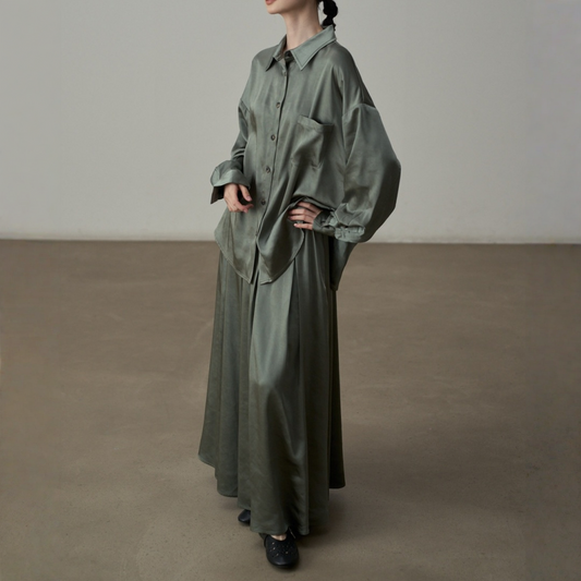 【セットアップ】【単品注文】サテン ゆったり シャツ + フレアプリーツスカート 2点上下セット 【JZシリーズ】
