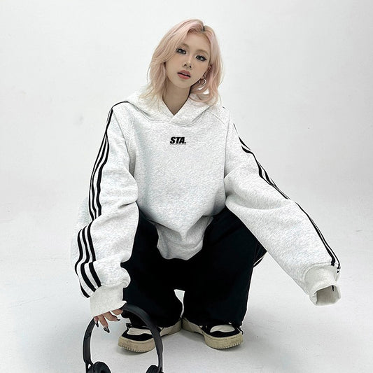 【トップス】3ストライプ フード付きスウェット ユニセックス  ゆったり ストリートスポーツ パーカー【FCシリーズ】