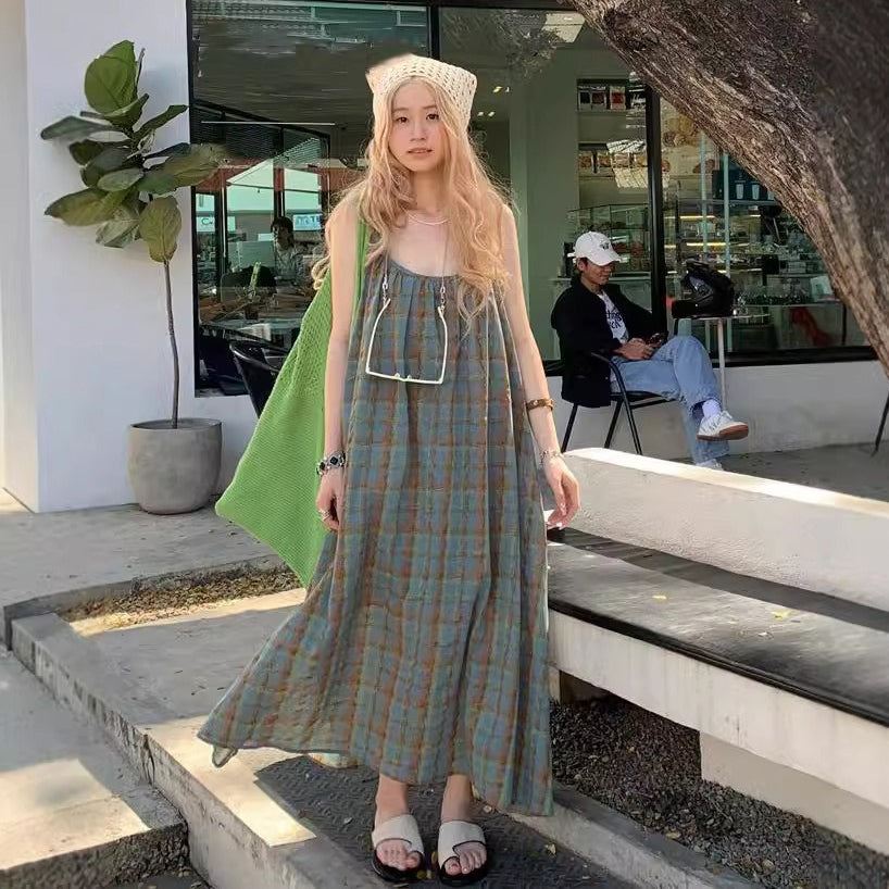 【ワンピース】大きいサイズ 気質 リゾート風 チェック柄 ノースリーブ キャミワンピース【SHシリーズ】