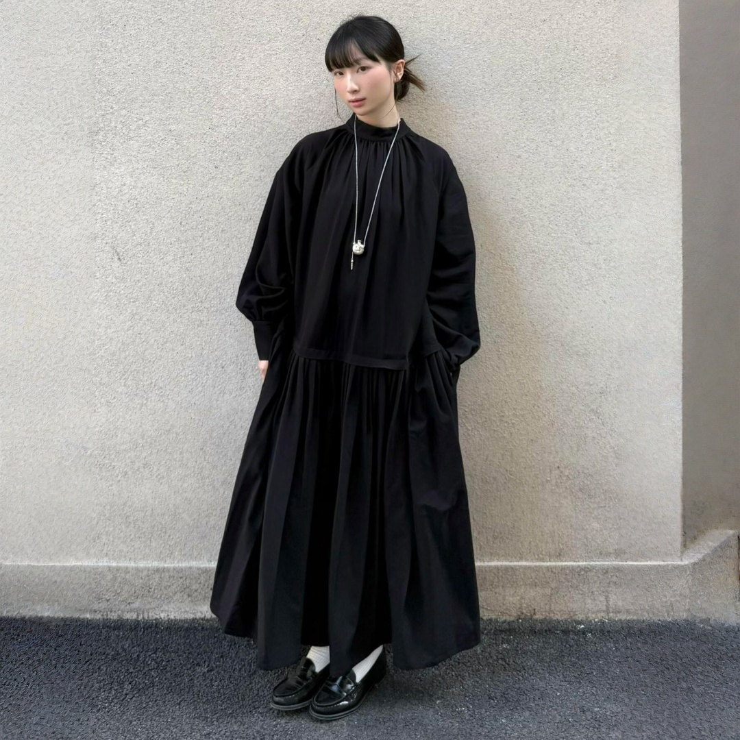 【ワンピース】春 秋 冬 リバーシブル プリーツ切り替え 大振裾 長袖 ワンピース 【JZシリーズ】【30~35日発送】