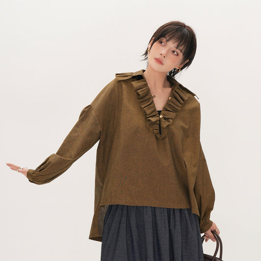 【トップス】レトロ文芸チェックシャツ レディース 秋新作 フリルVネック デザイン感 ゆったり長袖 着痩せトップス【JZシリーズ】